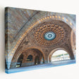 Pittsburgh skyline in muted blue and gray tones on a large stretched canvas, suitable for kitchen wall art.