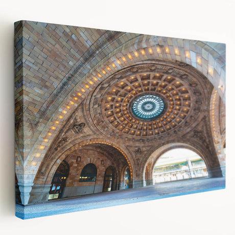 Pittsburgh skyline in muted blue and gray tones on a large stretched canvas, suitable for kitchen wall art.
