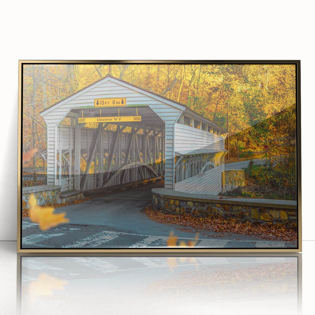 Large art print of Pennsylvania scenery in muted green and brown tones, framed in gold acrylic.