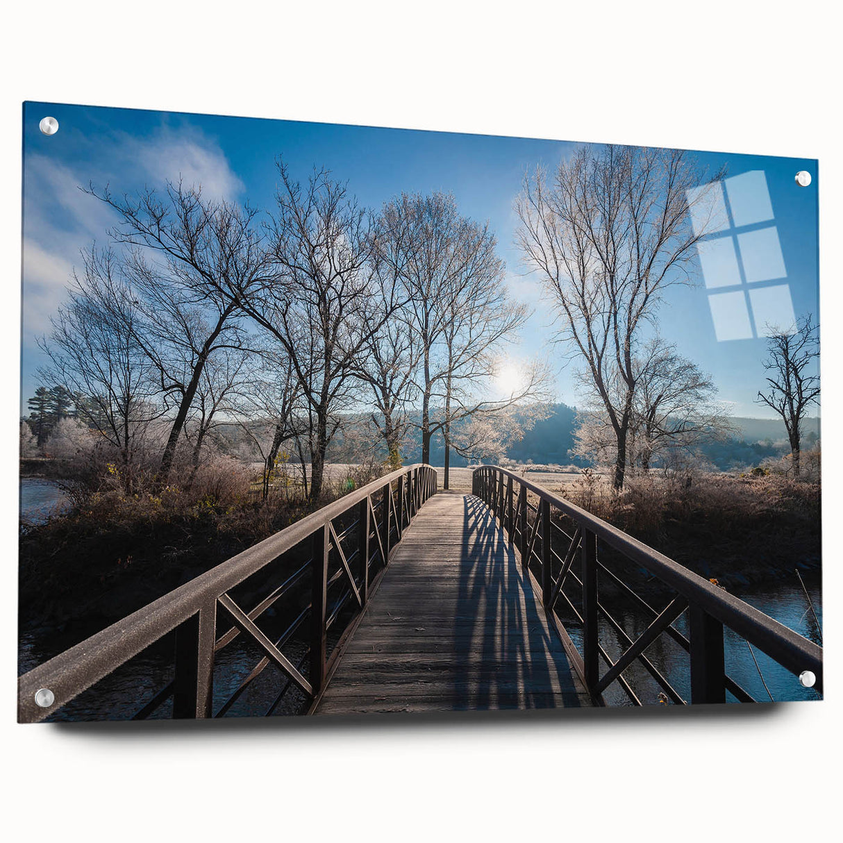 Acrylic glass print of a Vermont landscape in muted green and blue tones, ideal for dining room decor.