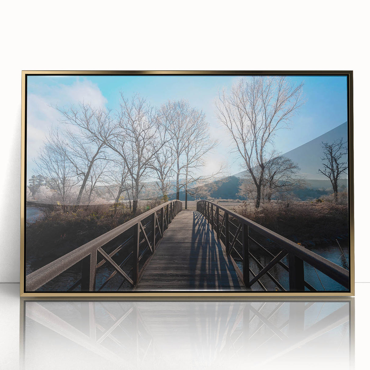 Large art print of a Vermont landscape in gold frame, featuring muted earth tones, ideal for modern art wall decor.