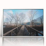 Acrylic print of a serene Vermont landscape in soft green and blue tones, framed in white.