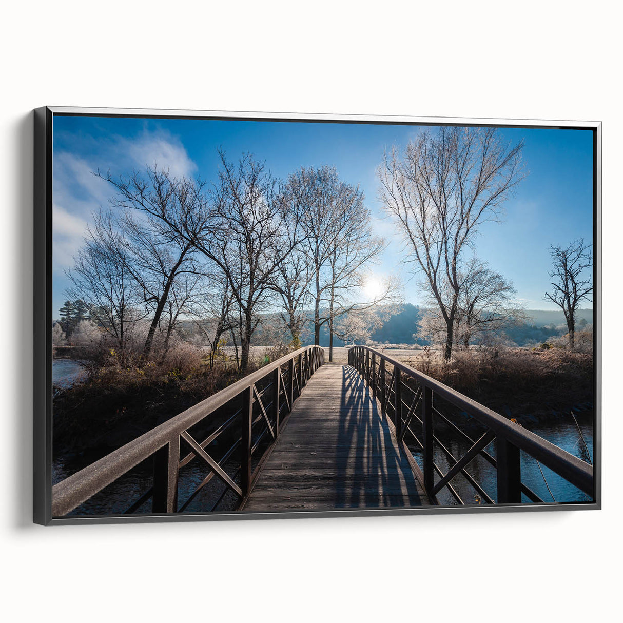 Black and white framed canvas of Vermont landscape, ideal for bedroom wall decor.
