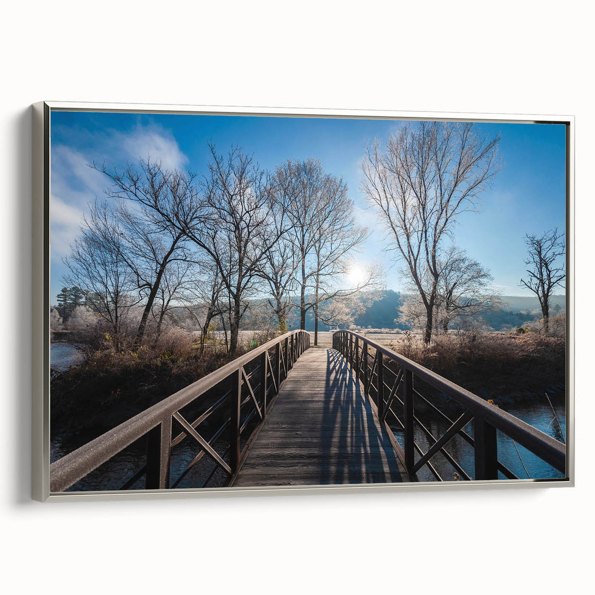 Framed canvas featuring a vintage-style landscape painting of Vermont, with colorful art on a black background.