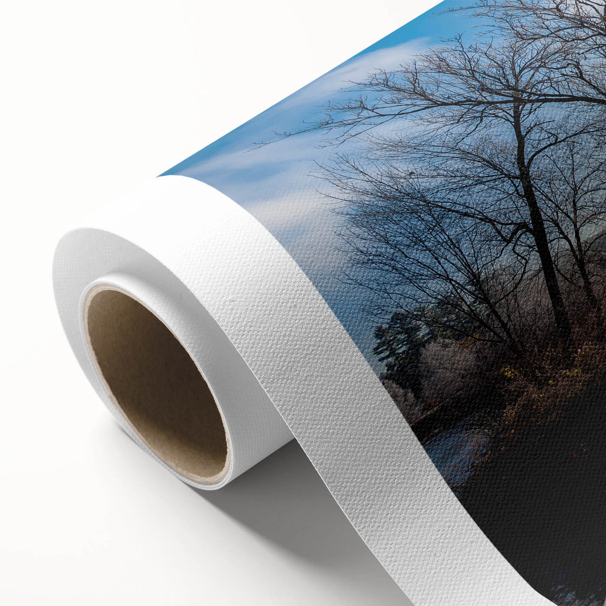 Art Deco-style poster of Vermont scenery on rolled canvas, featuring muted green and brown tones, ideal for nursery wall art.