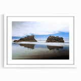 Abstract art print of Olympic scenery in muted earth tones on a framed white mat, ideal for dining room decor.