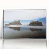 Acrylic print of Olympic, Washington scenery in art deco style with muted earth tones, framed in white.