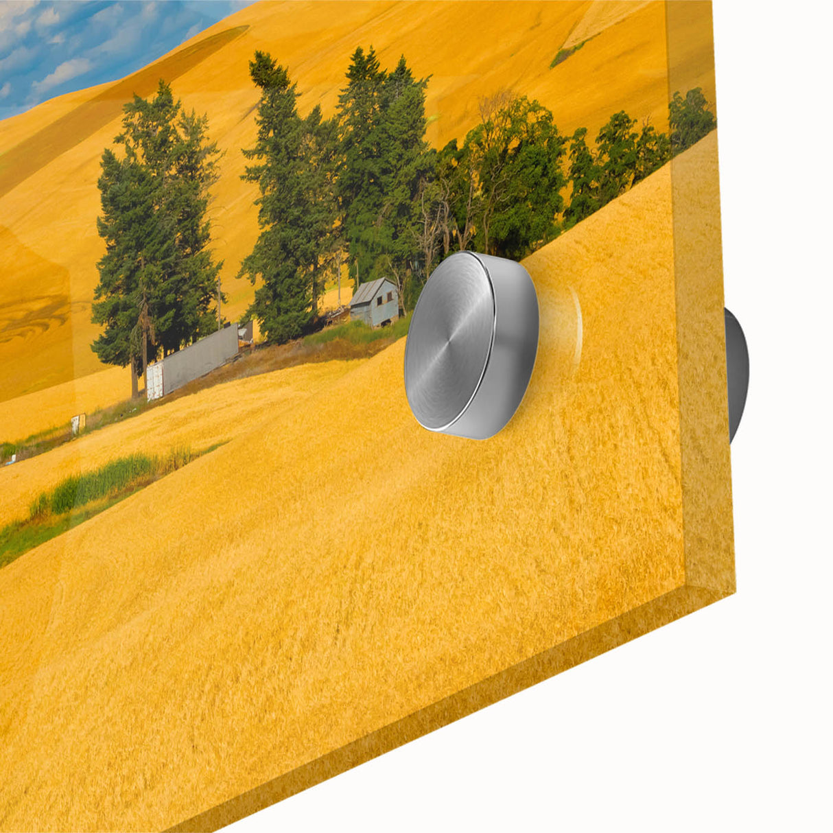 Large abstract wall art print of Palouse, Washington on acrylic glass, featuring earthy green and brown tones.