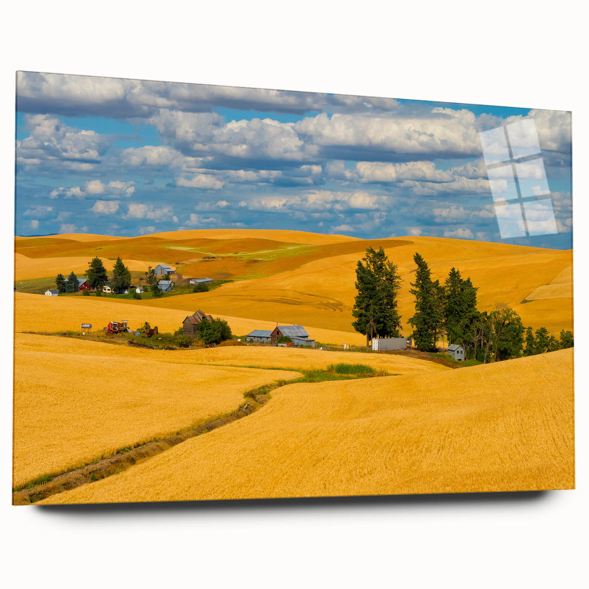 Large abstract wall art of Palouse, Washington in muted earth tones on acrylic glass, ideal for bedroom or dining room decor.