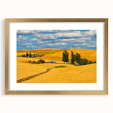 Extra large framed wall art of abstract Palouse scenery in textured gold, ideal for living room decor.
