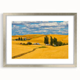 Textured art depicting abstract Palouse landscape in muted earth tones on a silver-framed mat, suitable for bedroom decor.