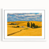 Abstract art print of Palouse, Washington, in muted earth tones on a white-framed canvas, suitable for dining room decor.
