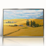 Mid-century modernist art depicting the Palouse hills in muted green and brown tones, framed in silver acrylic.