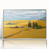 Art deco poster depicting the rolling hills of Palouse, Washington in subdued earth tones on a framed acrylic.