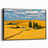 Black and white wall art of Palouse landscape on framed canvas, ideal for bedroom decor.