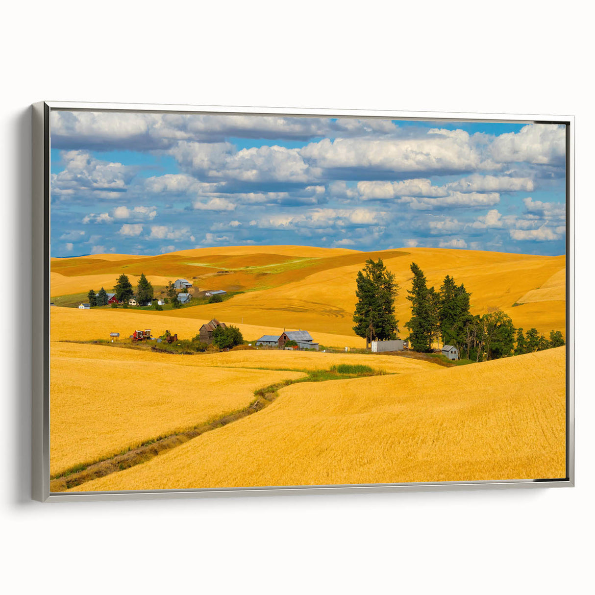 Framed canvas landscape art painting featuring the rolling hills of Palouse, Washington, in muted green and earth tones.
