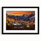 Extra large abstract art print featuring a colorful textured depiction of the Seattle skyline, framed in black.