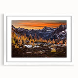 Abstract art print of Seattle skyline in muted gray and blue tones, framed with a white mat, suitable for dining room decor.