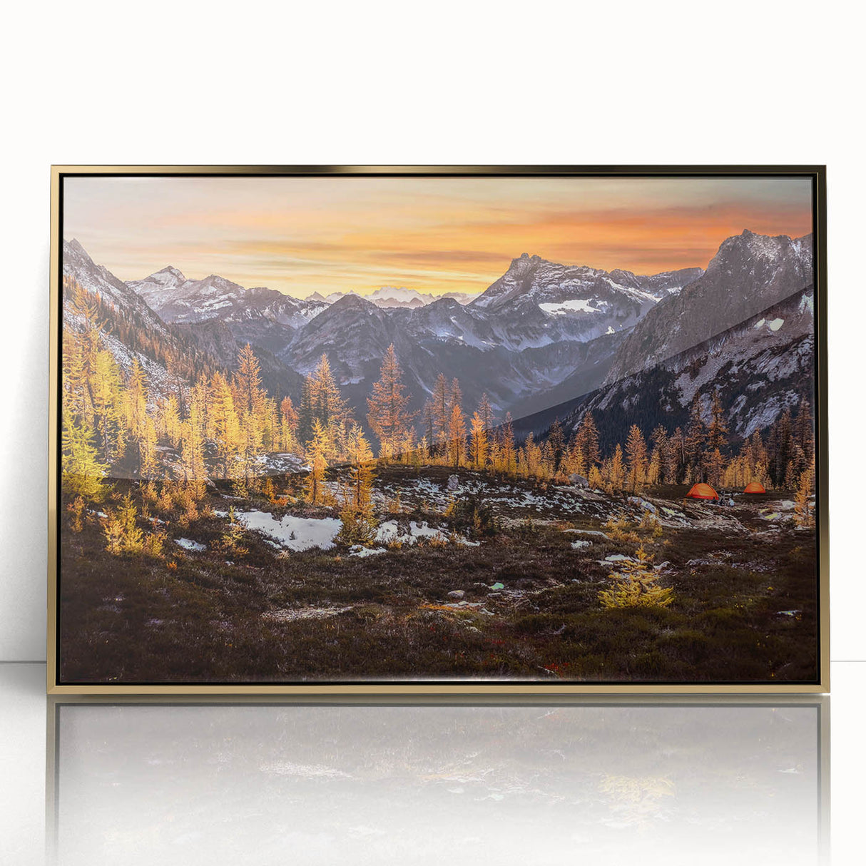 Large art print of Seattle skyline in gold and blue tones on framed acrylic, ideal for modern art wall decor.