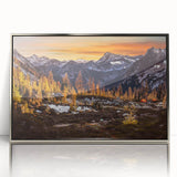 Mid-century modernist art of Seattle skyline in silver framed acrylic, featuring muted blue and gray tones.