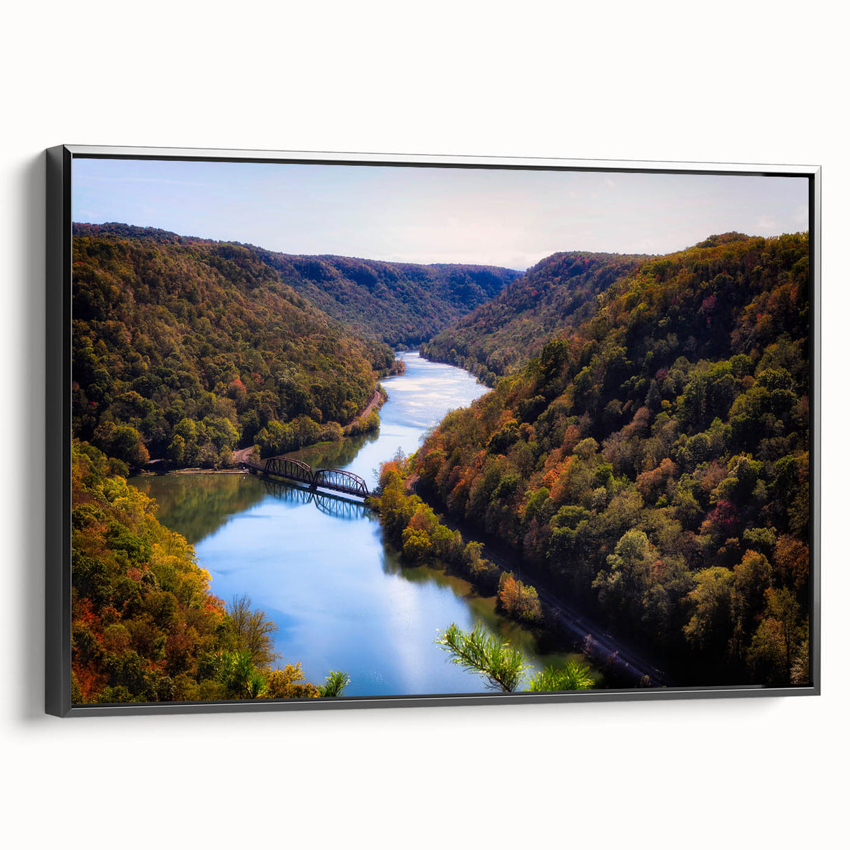 Framed canvas featuring a vintage-style landscape painting of West Virginia in muted earth tones, ideal for bedroom wall art.