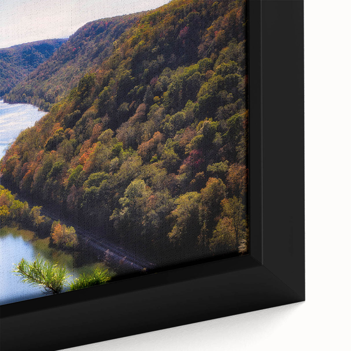 Framed canvas featuring a textured depiction of West Virginia scenery in black with colorful accents.