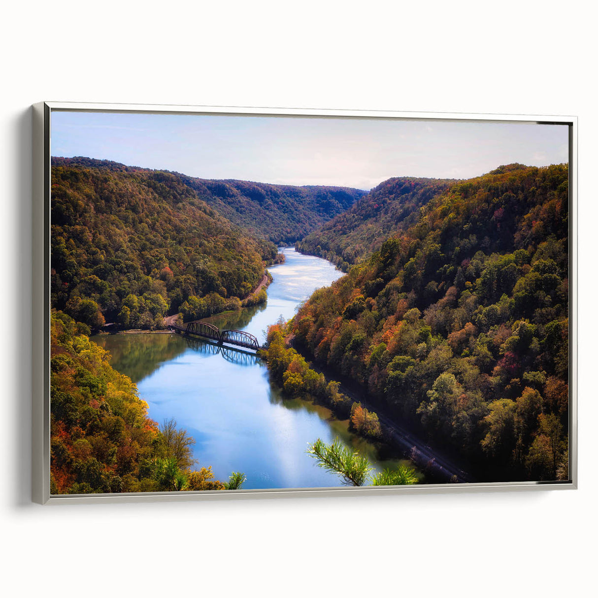 Landscape art painting of West Virginia scenery on a framed canvas, featuring colorful art with silver frame.