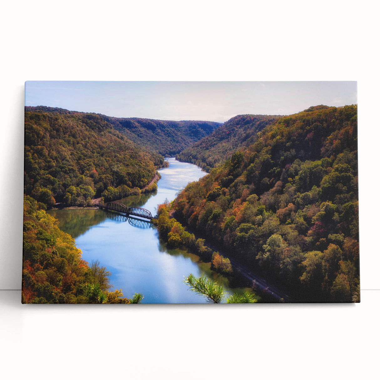 Black and white stretched canvas of West Virginia scenery, ideal for kitchen wall art.