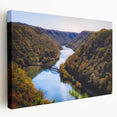 Stretched canvas print of a West Virginia landscape in earthy green and blue tones, suitable for kitchen wall art.