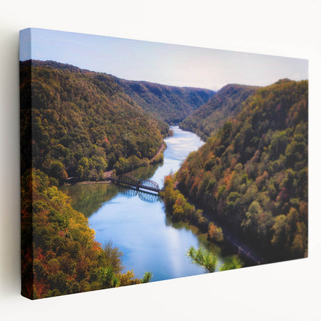 Stretched canvas print of a West Virginia landscape in earthy green and blue tones, suitable for kitchen wall art.