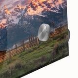 Large abstract depiction of Grand Tetons on acrylic glass, in muted earth tones.
