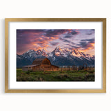 Extra large abstract art print of Wyoming's Grand Tetons in textured style with gold framed mat.