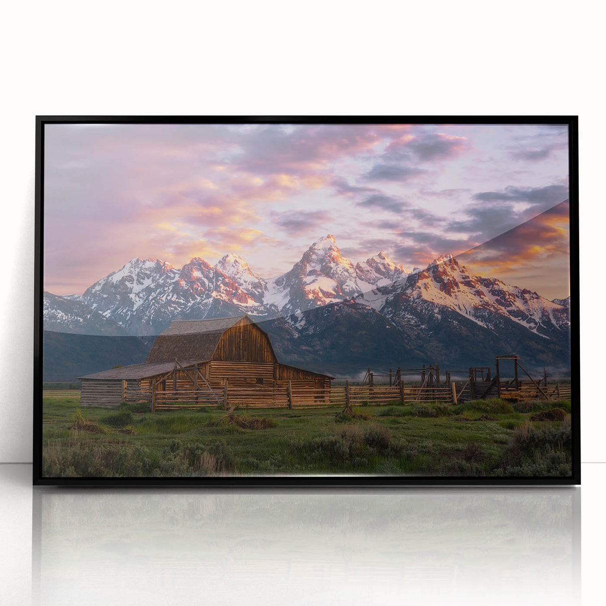 Large abstract wall art of the Grand Tetons in muted earth tones, framed in black acrylic.