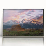 Mid-century modernist art depicting the Grand Tetons in muted earth tones on a framed acrylic, ideal for nursery wall art.