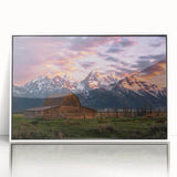 Acrylic print of Grand Tetons scenery in muted earth tones, framed in white, suitable as modern art wall decor.