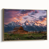 Framed canvas depicting the Grand Tetons in muted earth tones, ideal for bedroom wall art.