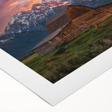 Art deco poster of the Grand Tetons in muted earth tones on rolled canvas, suitable for dining room wall art.