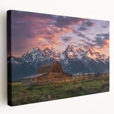Grand Tetons landscape on stretched canvas, featuring muted earth tones, ideal for kitchen wall art.