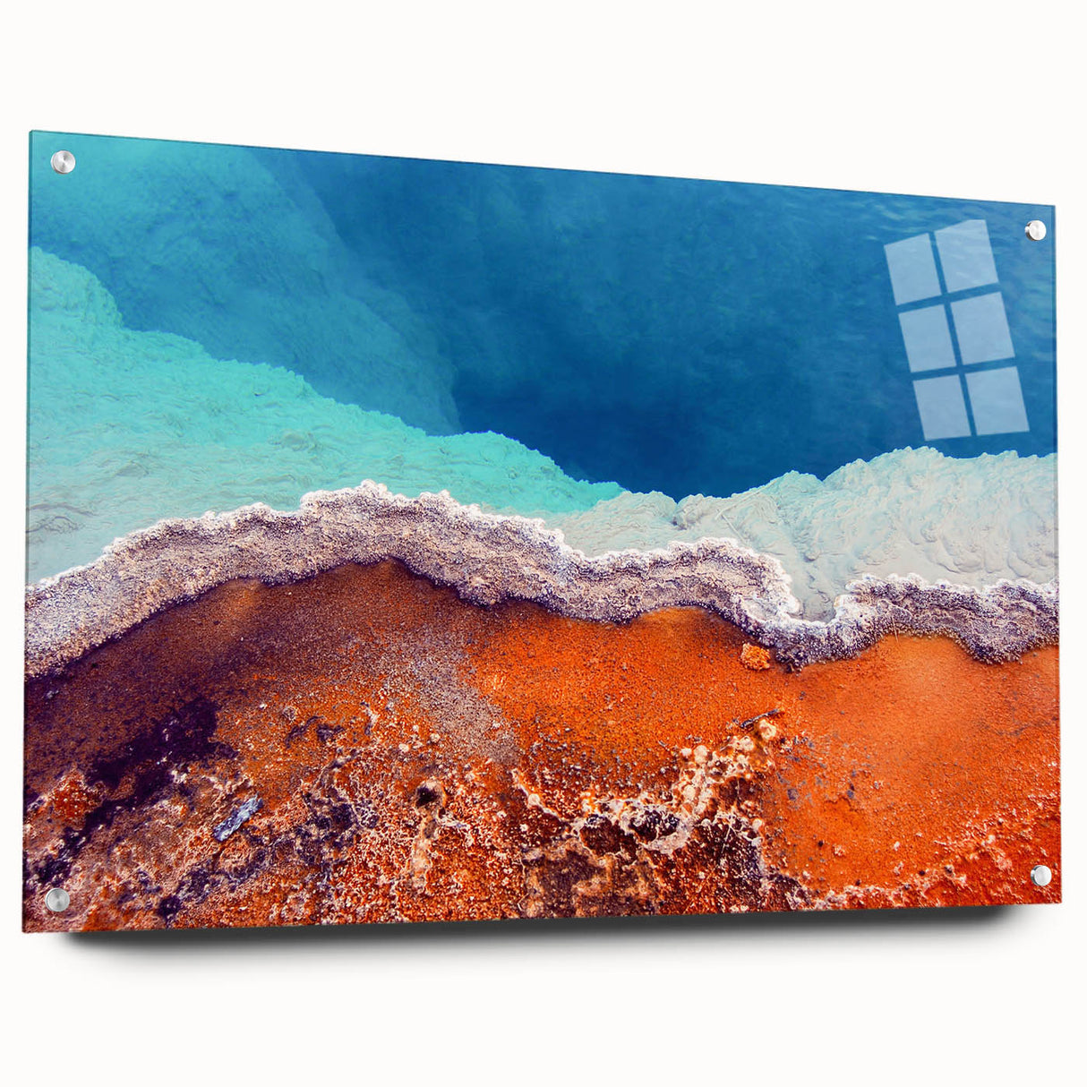 Acrylic print of Yellowstone scenery with vibrant green and blue tones, ideal for dining room decor.