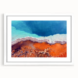 Abstract art print of Yellowstone scenery in muted earth tones on a white-framed mat, suitable for dining room decor.