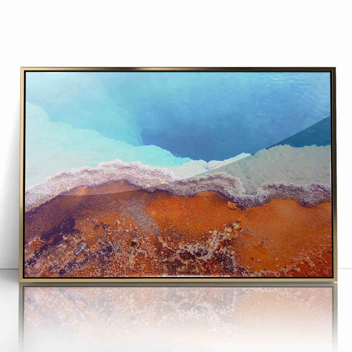 Large art print of Yellowstone scenery in muted earth tones, framed acrylic, ideal for modern nursery decor.