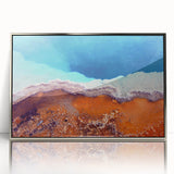 Mid-century modernist art depicting Yellowstone scenery in muted earth tones on a silver-framed acrylic print.