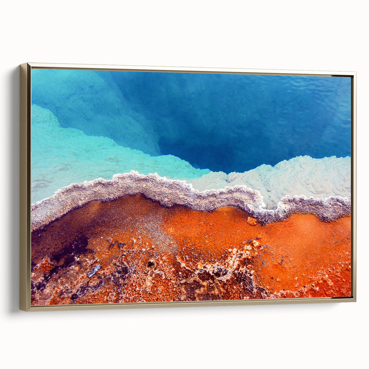 Framed canvas depicting a vintage-style Yellowstone landscape, featuring muted earth tones and black highlights.