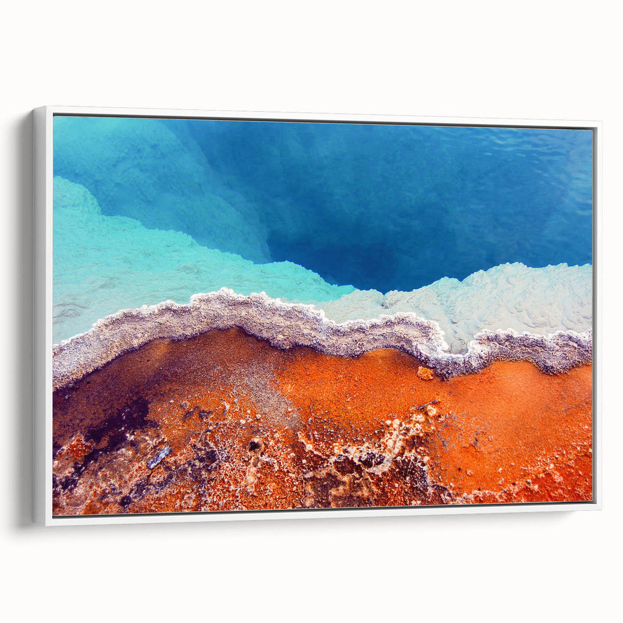 Vintage poster art of Yellowstone scenery on a framed canvas, featuring vibrant natural colors, ideal for living room decor.