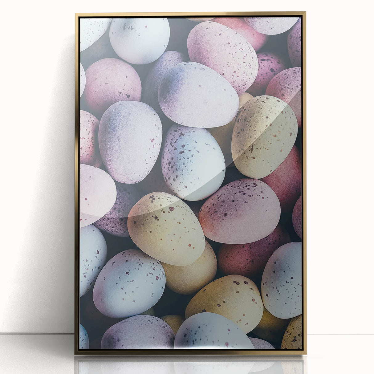 Large art print of a mid-century modernist spring scene in vibrant green and gold tones on acrylic.