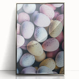 Mid-century modernist art depicting spring season in pastel colors on a silver-framed acrylic print.