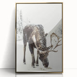 Framed acrylic print featuring a mid-century modernist winter scene in muted gold and white tones.