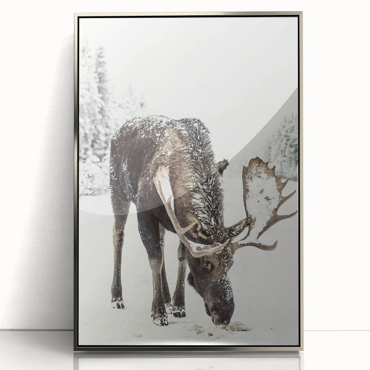 Mid-century modernist art depicting a winter scene in muted blue and white tones, framed acrylic, ideal for nursery wall art.