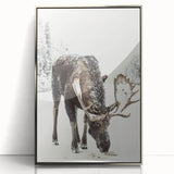 Mid-century modernist art depicting a winter scene in muted blue and white tones, framed acrylic, ideal for nursery wall art.