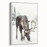 Vintage poster art depicting a winter scene on a framed canvas, featuring muted white and gray tones.